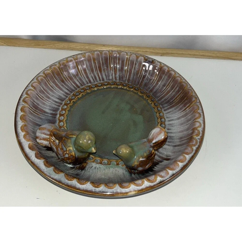 Tii Vintage Studio art Pottery Bowl With Birds Mid-century Modern 1970 Glaze